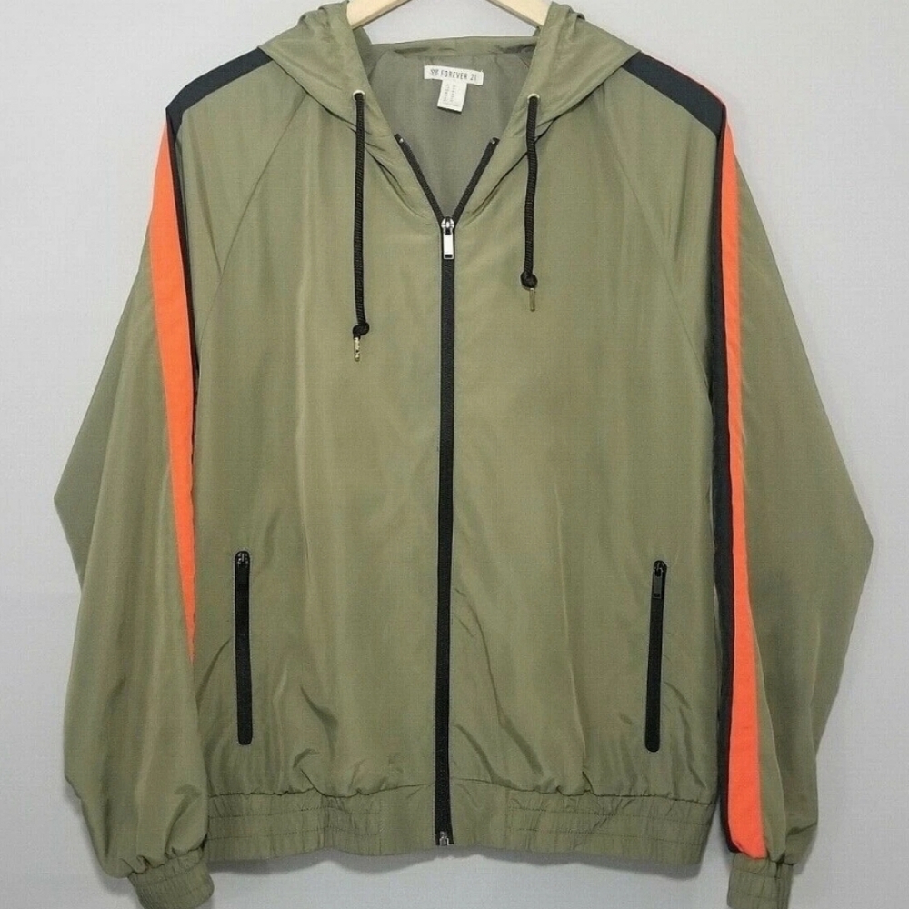 Forever 21 Olive and Orange Windbreaker With Hoodie Size M